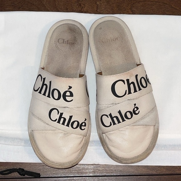 CHLOE WOODY LOGOED CANVAS & LEATHER WHITE MULE SLIPPERS Sz. 38/ US 8 - Picture 5 of 17
